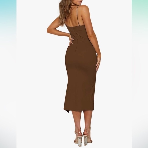LYANER Asymmetrical Thin Strap Bodycon Split Hem Brown MIDI Dress Size L… - Picture 3 of 10
